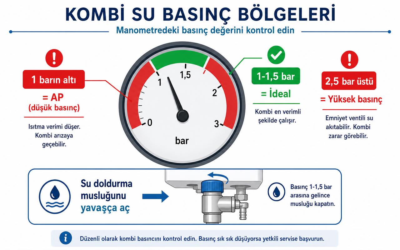 Kombi su basıncı bölgeleri: 1 barın altı AP düşük basınç, 1-1,5 bar ideal, 2,5 bar üstü yüksek basınç; su doldurma musluğu ile basınç ayarı gösteren Türkçe diyagram