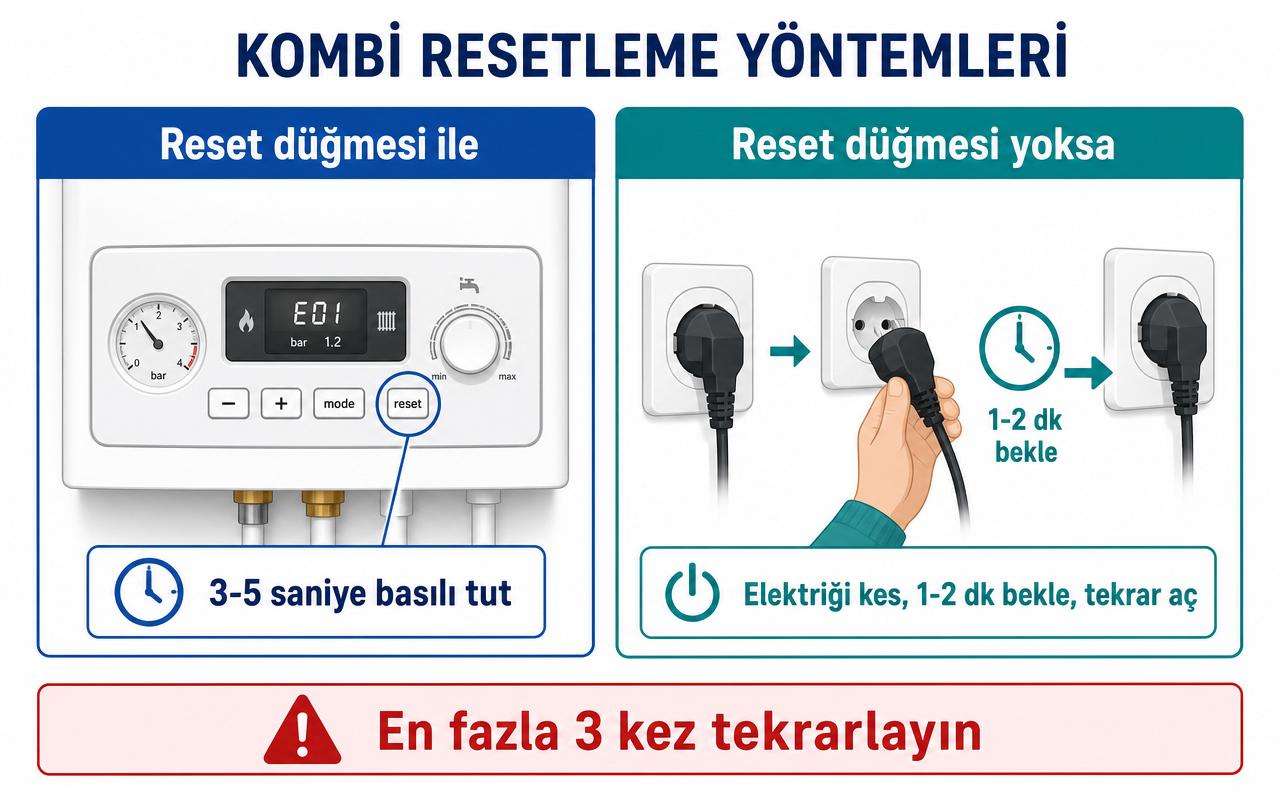 Baymak kombi resetleme iki yöntemi: reset düğmesine 3-5 saniye basma ve reset düğmesi olmayan modellerde elektriği kesip 1-2 dakika bekleme; Türkçe etiketli diyagram