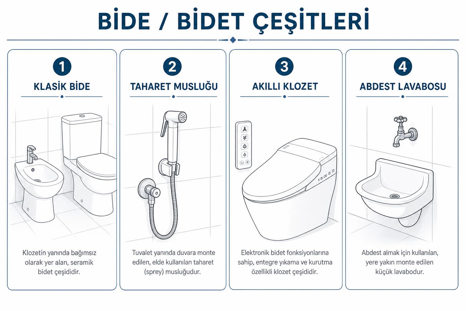 Bide ve bidet çeşitleri karşılaştırma şeması: klasik bide, taharet musluğu, akıllı klozet ve abdest lavabosu