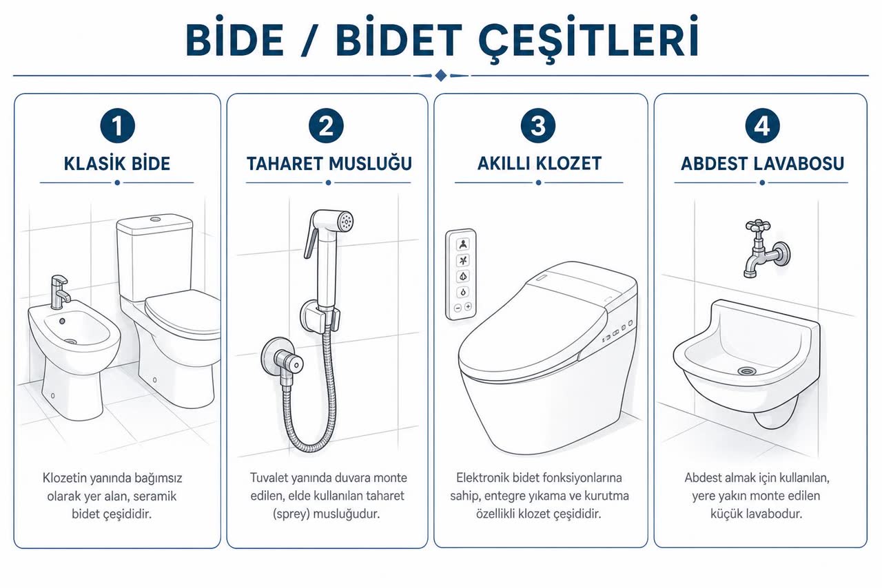 Bide ve bidet çeşitleri karşılaştırma şeması: klasik bide, taharet musluğu, akıllı klozet ve abdest lavabosu