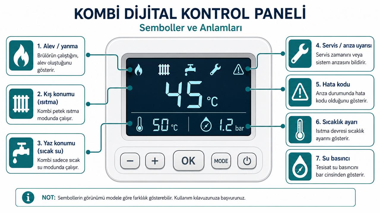Kombi dijital kontrol panelindeki semboller ve anlamları: alev, kış (radyatör), yaz (musluk), servis anahtarı, hata kodu ünlemi, sıcaklık ve su basıncı simgeleri Türkçe etiketli