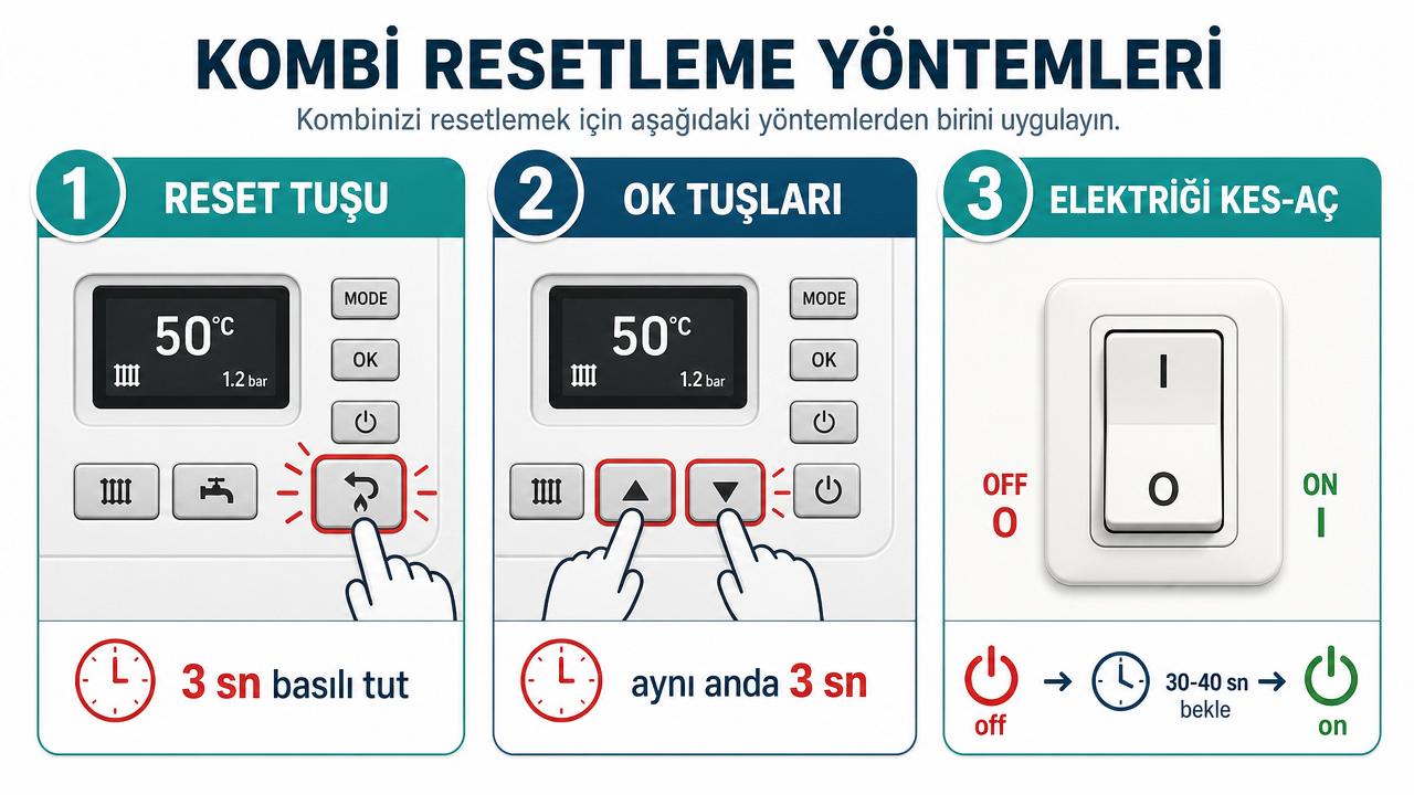 Bosch kombi resetleme üç yöntemi: reset tuşuna 3 saniye basma, yukarı-aşağı ok tuşlarını birlikte basma ve elektriği kesip 30-40 saniye bekleme; Türkçe etiketli diyagram