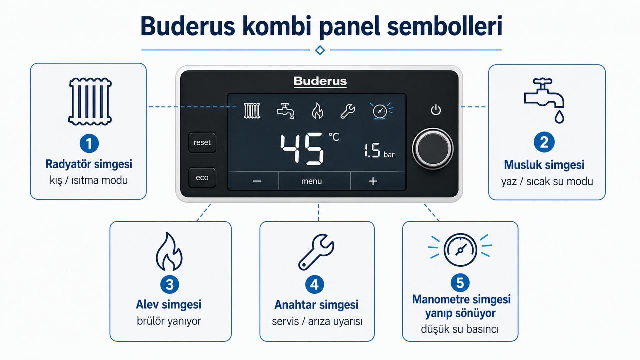 Buderus kombi panel sembolleri: radyatör (kış/ısıtma), musluk (yaz/sıcak su), alev (brülör yanıyor), anahtar (servis/arıza) ve yanıp sönen manometre (düşük su basıncı); Türkçe etiketli diyagram