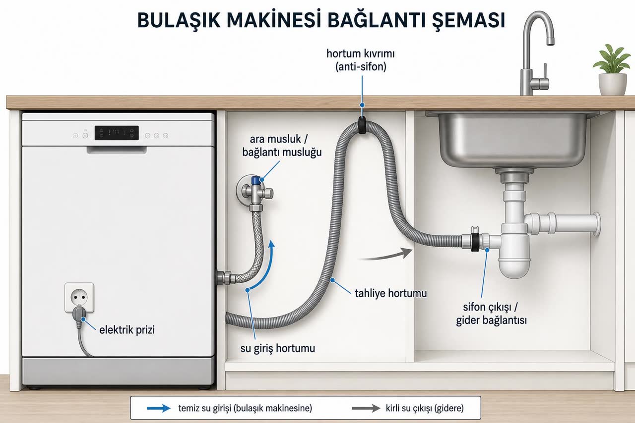 Bulaşık makinesi bağlantı şeması: ara musluk, su giriş hortumu, anti-sifon kıvrımlı tahliye hortumu, lavabo sifonu çıkışı/gider bağlantısı ve elektrik prizi