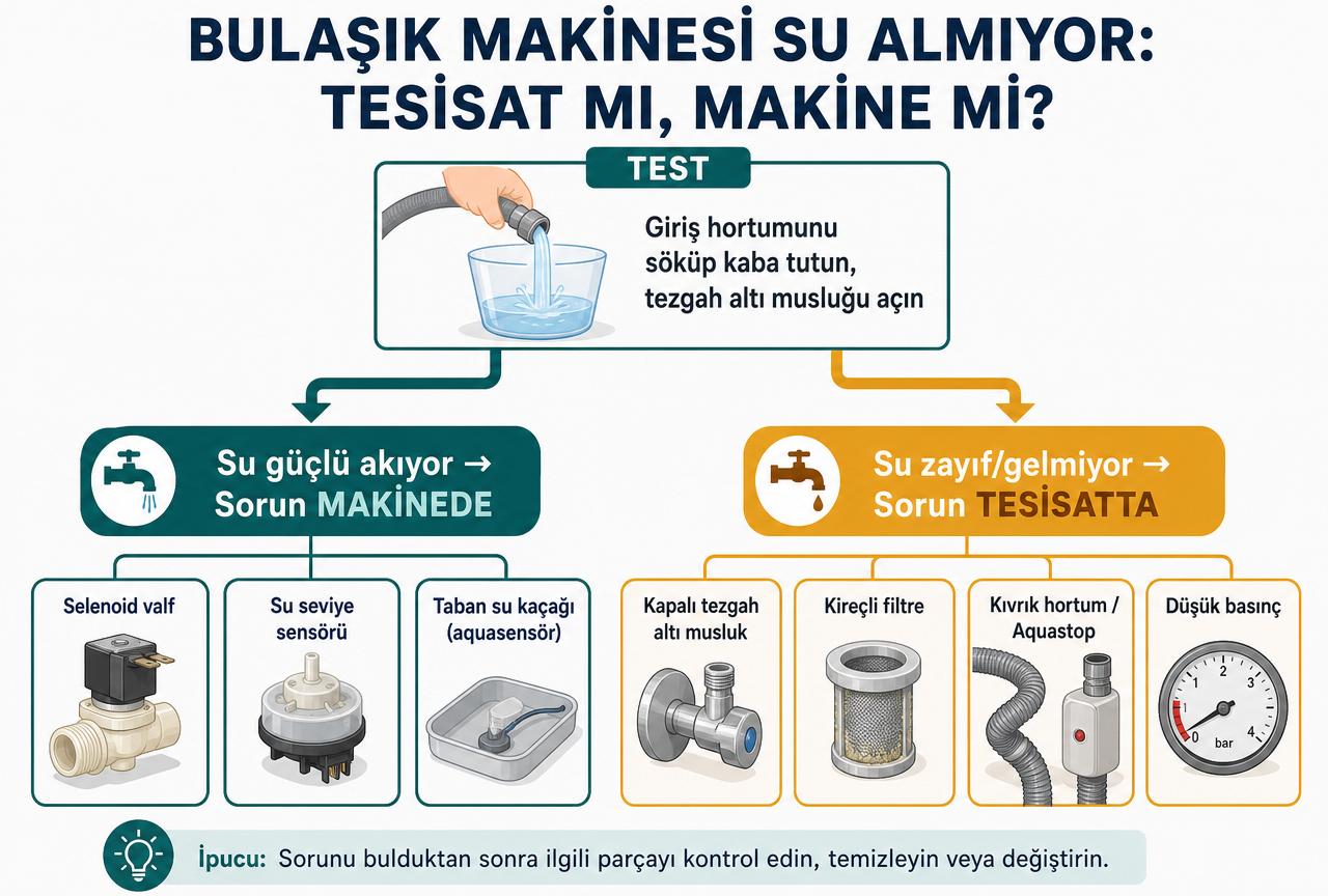 Bulaşık makinesi su almıyor karar akışı: kova testi sonucuna göre sorun makinede mi tesisatta mı; Türkçe diyagram