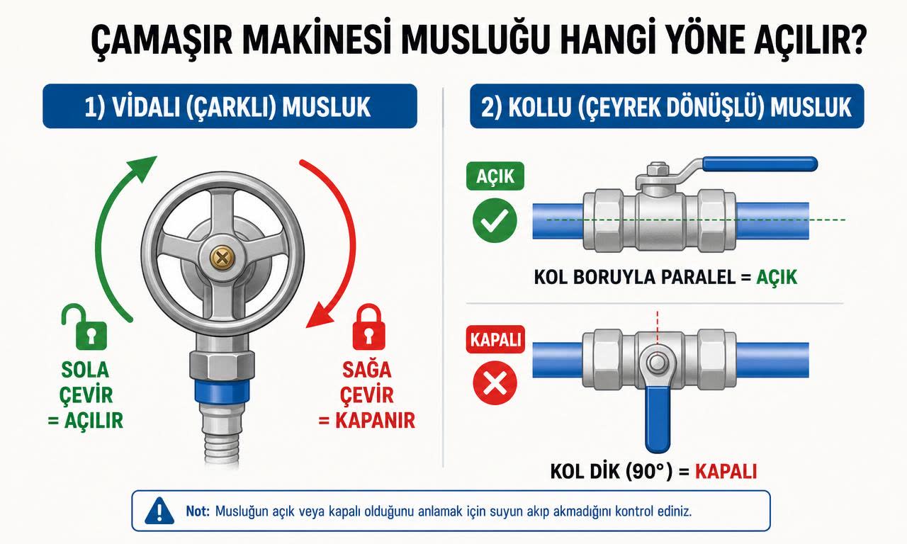 Çamaşır makinesi musluğu hangi yöne açılır şeması: vidalı (çarklı) muslukta sola çevir açılır/sağa çevir kapanır, kollu (çeyrek dönüşlü) vanada kol boruyla paralel açık/dik (90°) kapalı