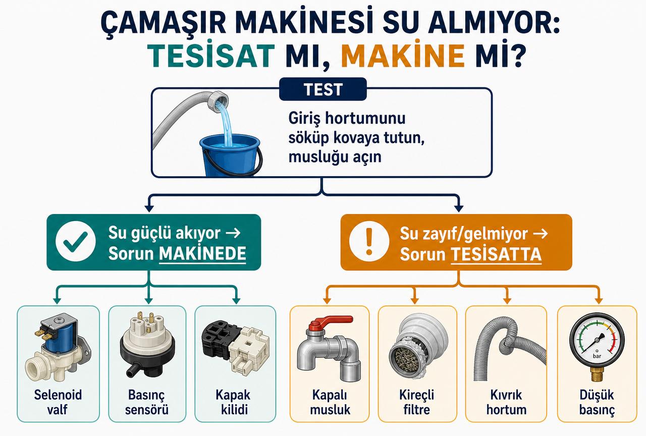 Çamaşır makinesi su almıyor karar akışı: kova testi sonucuna göre sorun makinede mi tesisatta mı; Türkçe diyagram
