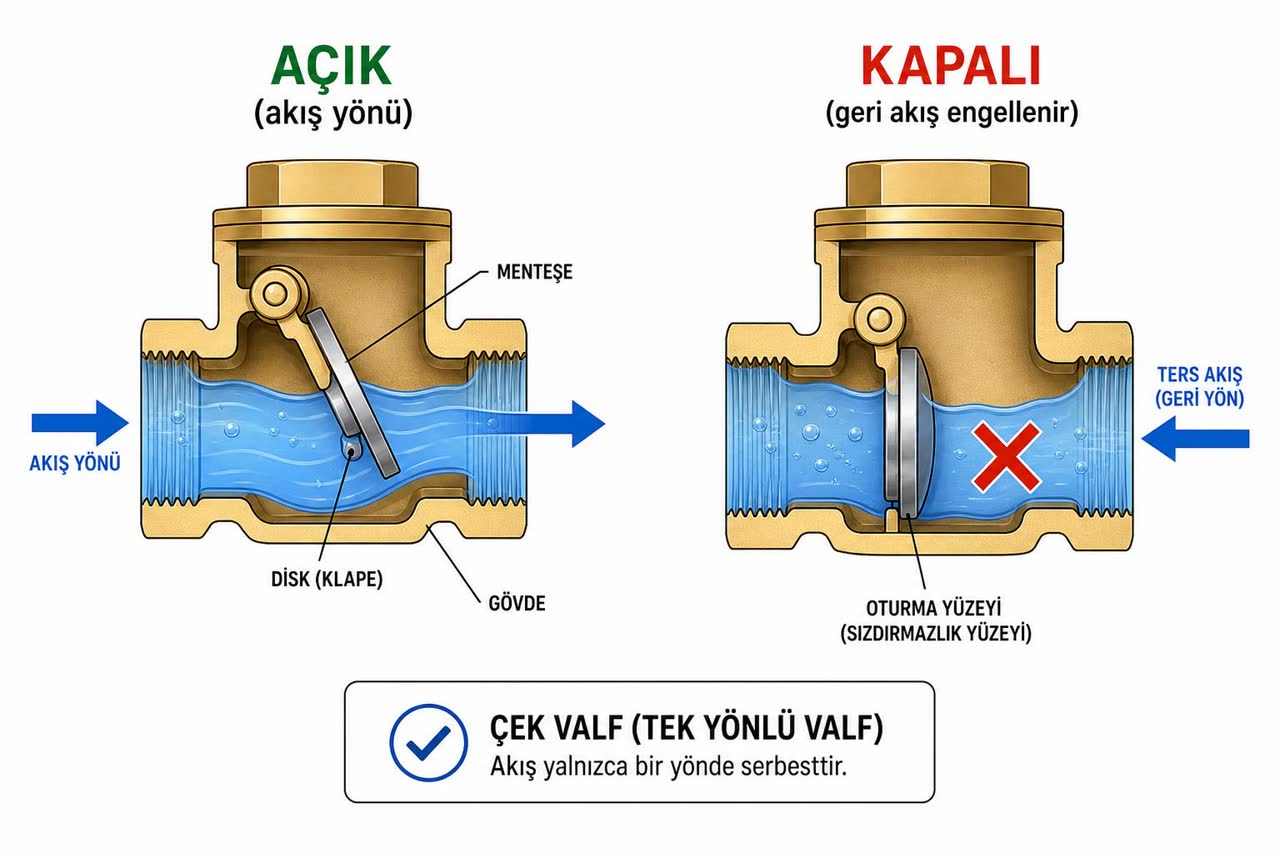 Çek valf çalışma prensibi şeması: solda açık durumda akış yönünde su geçişi, sağda kapalı durumda geri akışın diskle engellenmesi; menteşe, disk (klape), gövde ve oturma yüzeyi etiketli