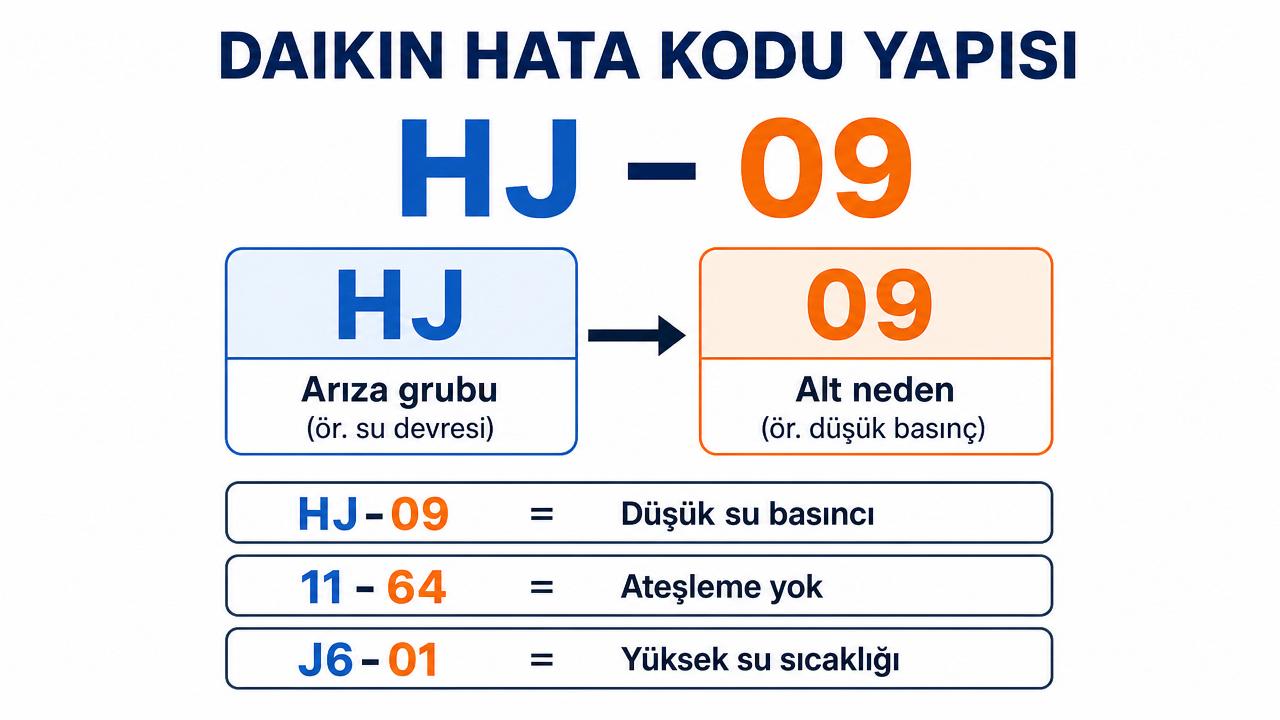 Daikin hata kodu yapısı diyagramı: HJ-09 kodunun HJ (arıza grubu) ve 09 (alt neden) olarak iki bölüme ayrılması; HJ-09 düşük basınç, 11-64 ateşleme yok, J6-01 yüksek su sıcaklığı örnekleri