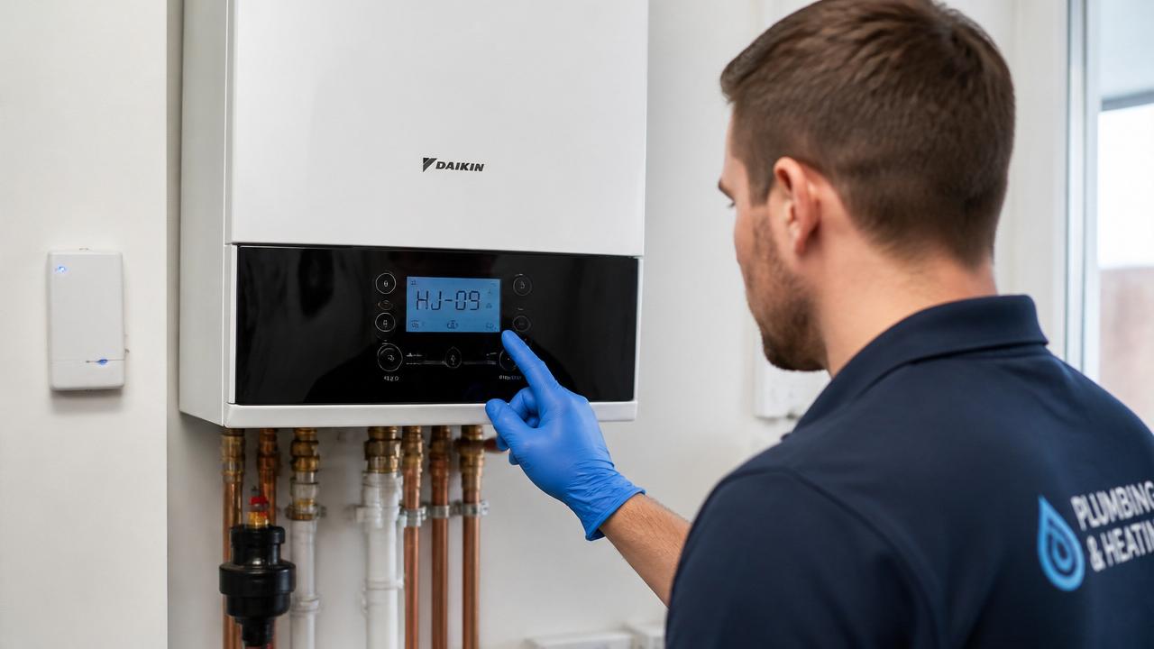 Ekranında HJ-09 düşük basınç kodu görünen beyaz Daikin tipi yoğuşmalı duvar kombisinin dijital ekranını mavi eldivenle kontrol eden tesisatçı