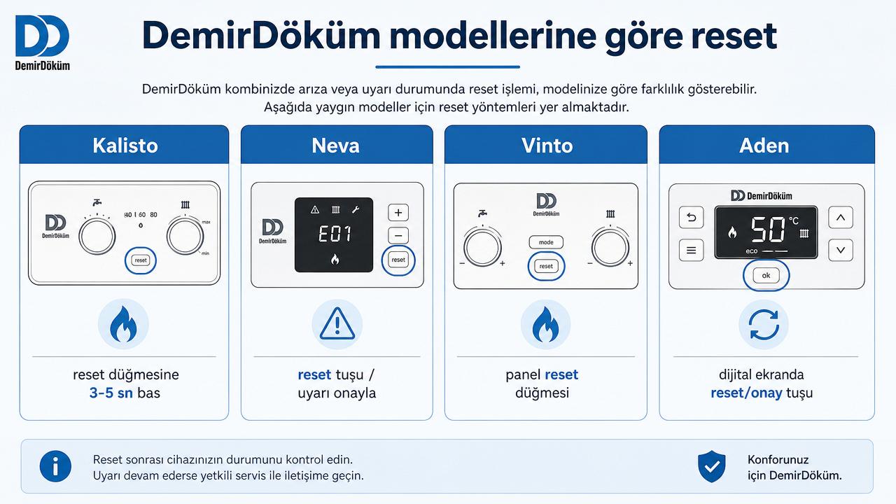 Demirdöküm Kalisto, Neva, Vinto ve Aden modellerine göre reset yöntemlerini gösteren Türkçe etiketli panel diyagramı