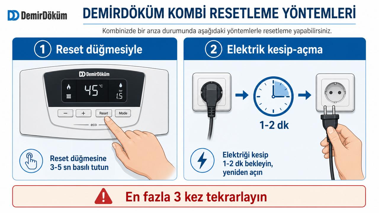 Demirdöküm kombi resetleme iki yöntemi: reset düğmesine 3-5 saniye basma ve reset düğmesi olmayan modellerde elektriği kesip 1-2 dakika bekleme; Türkçe etiketli diyagram