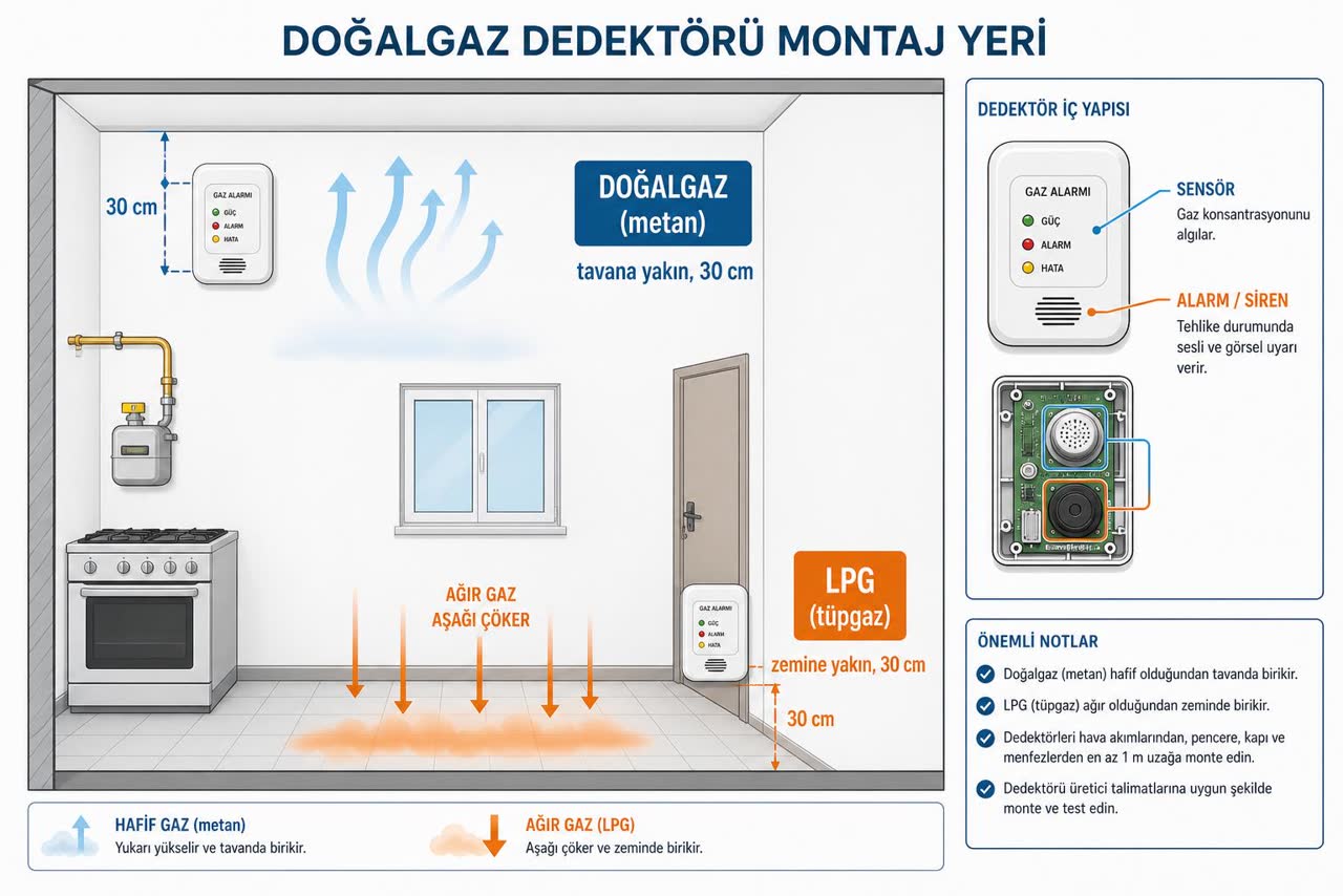 Doğalgaz dedektörü montaj yeri şeması: metan için tavana yakın, LPG için zemine yakın montaj; sensör ve alarm iç yapısı Türkçe etiketli
