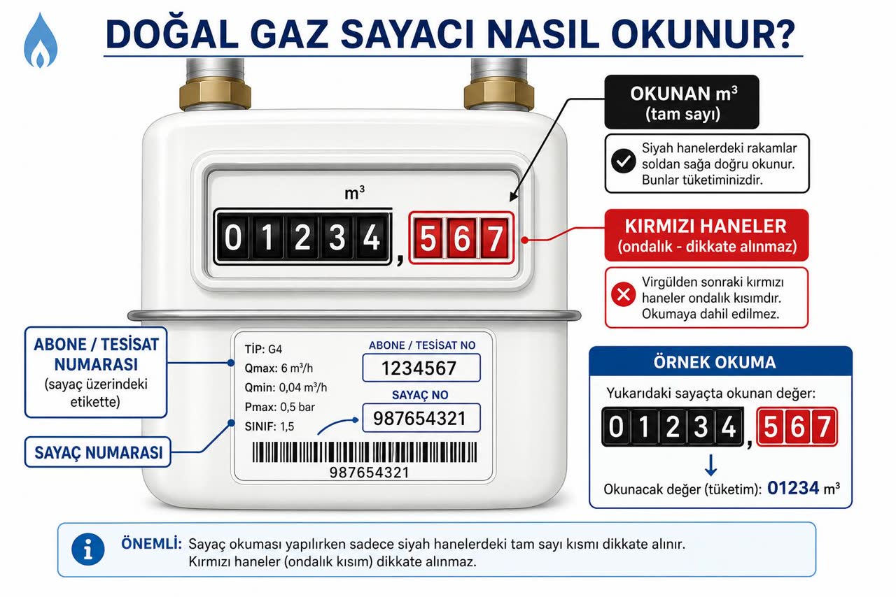 Doğalgaz sayacı okuma şeması: siyah haneler tam sayı m³, kırmızı haneler ondalık; abone/tesisat numarası ve sayaç numarasının etiket üzerindeki yeri