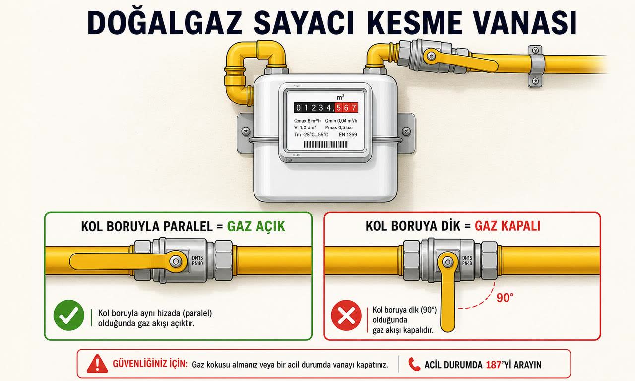 Doğalgaz sayacı kesme vanası şeması: kol boruyla paralel olduğunda gaz açık, kol boruya dik (90°) olduğunda gaz kapalı