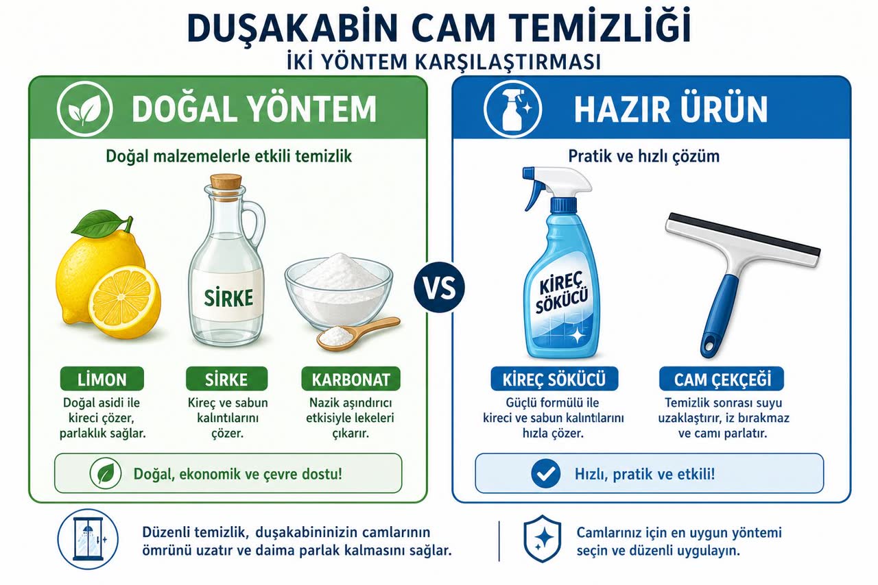 Duşakabin cam temizliği iki yöntem karşılaştırması: doğal yöntem (limon, sirke, karbonat) ve hazır ürün (kireç sökücü, cam çekçeği)