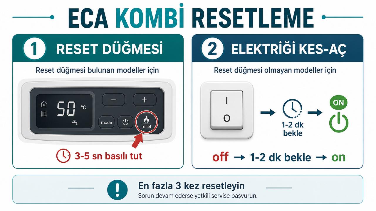 ECA kombi resetleme iki yöntemi: reset düğmesine 3-5 saniye basma ve reset düğmesi olmayan modellerde elektriği kesip 1-2 dakika bekleme; Türkçe etiketli diyagram