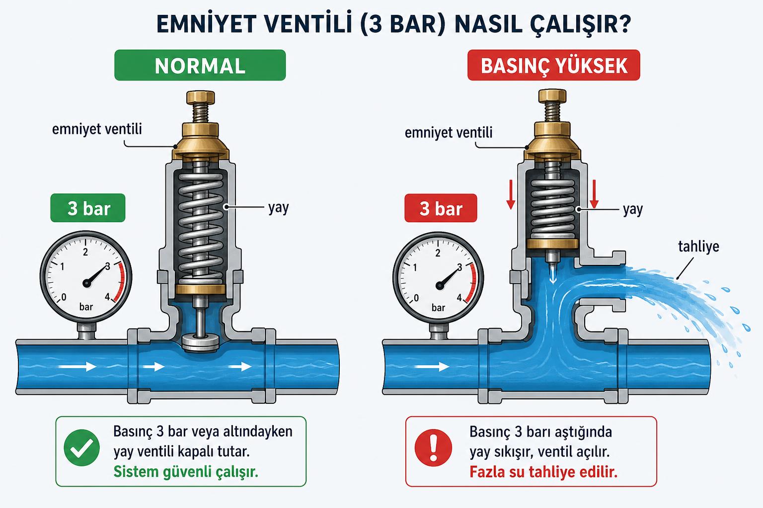 Emniyet ventili (3 bar) çalışma şeması: normal (kapalı) ve yüksek basınç (açık, tahliye) durumları, yay ve manometre Türkçe etiketli