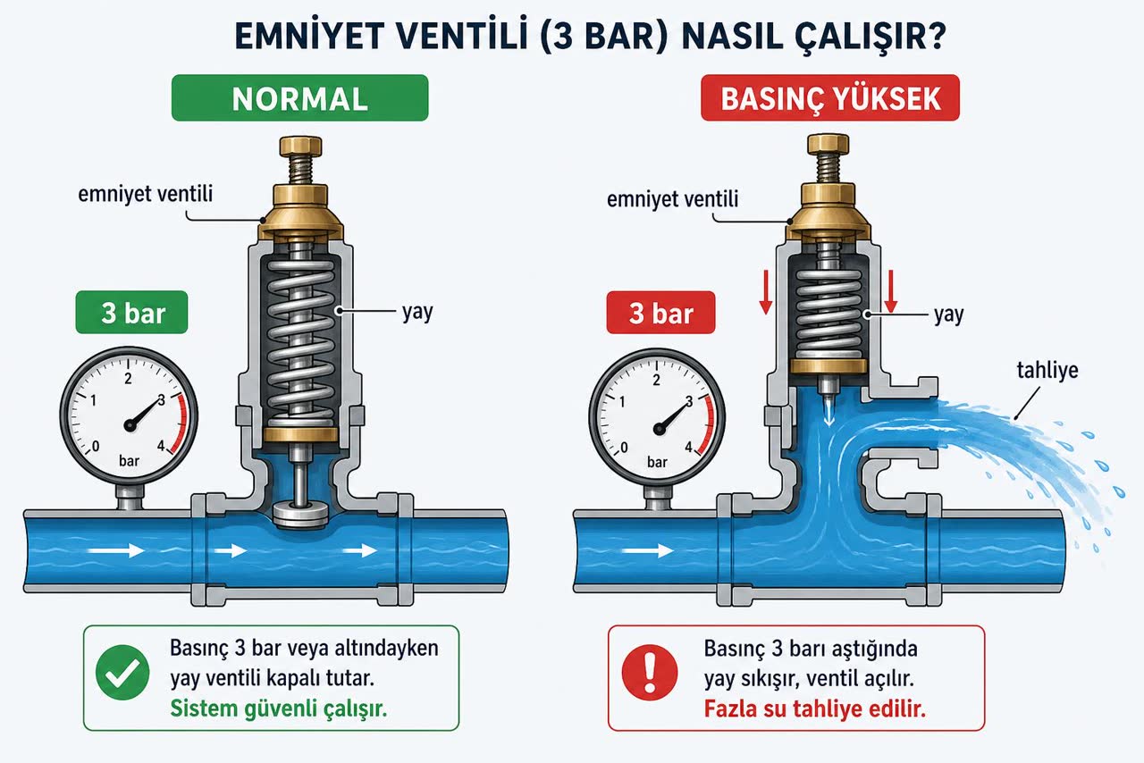 Emniyet ventili (3 bar) çalışma şeması: normal (kapalı) ve yüksek basınç (açık, tahliye) durumları, yay ve manometre Türkçe etiketli