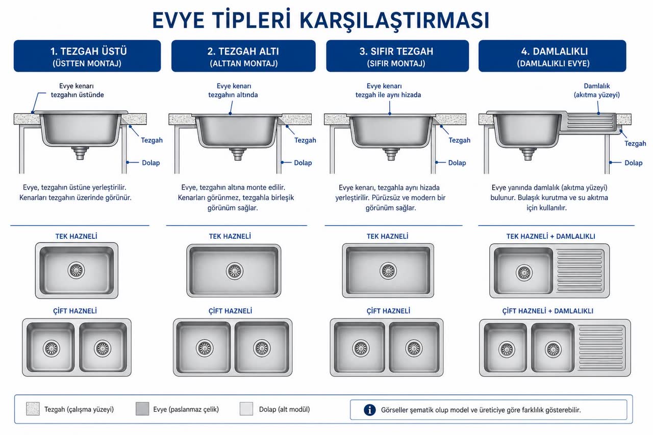 Evye montaj tipleri şeması: tezgah üstü, tezgah altı, sıfır tezgah ve damlalıklı evye kesitleri ile tek ve çift hazne seçenekleri, Türkçe etiketli