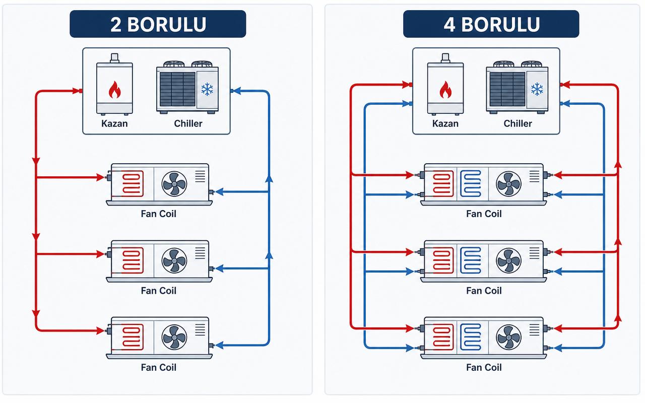 2 borulu ve 4 borulu fan coil sistemi karşılaştırma şeması: solda tek gidiş-dönüş borulu ve tek serpantinli üniteler, sağda çift gidiş-dönüş borulu ve çift serpantinli üniteler; kazan ve chiller merkezde