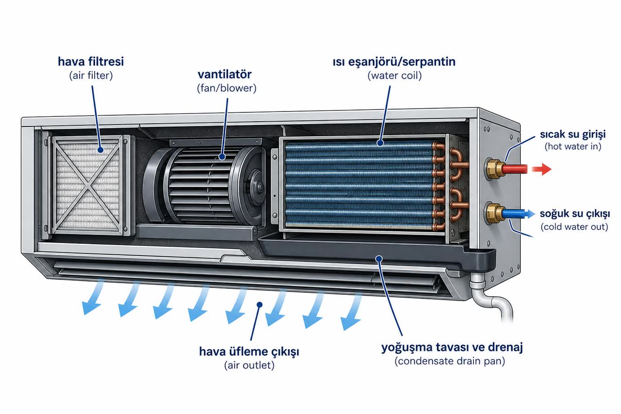 Fan coil ünitesinin kesit diyagramı: hava filtresi, vantilatör (fan), ısı eşanjörü/serpantin, sıcak su girişi ve soğuk su çıkışı, yoğuşma tavası ve drenaj ile hava üfleme çıkışı etiketli