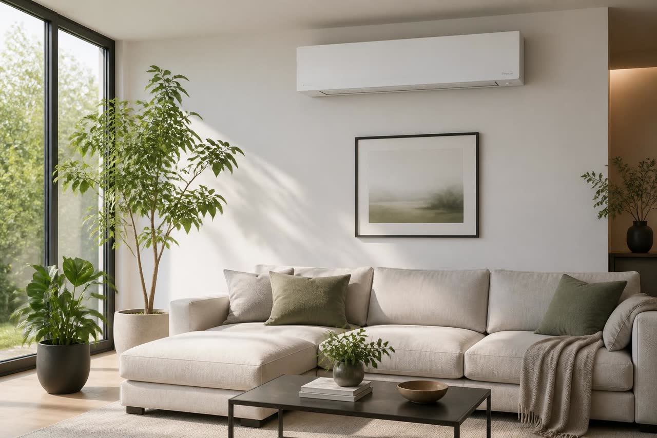 Modern bir oturma odasının duvarında tavana yakın monte edilmiş ince beyaz duvar tipi fan coil (fancoil) ünitesi