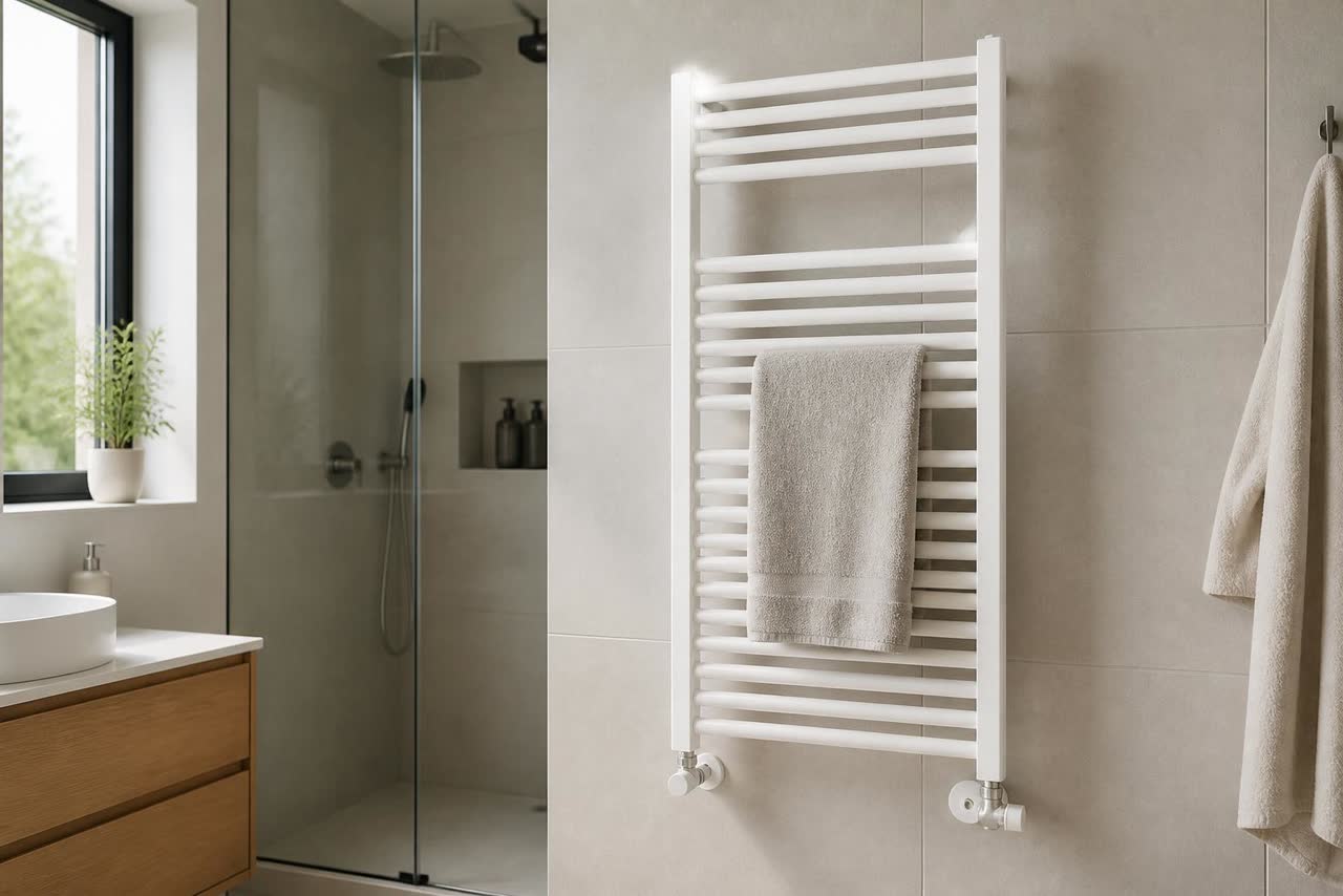 Modern bir banyoda duvara monte edilmiş beyaz havlupan (banyo peteği); üzerinde asılı havlu, açık renk fayans duvar ve duşakabin
