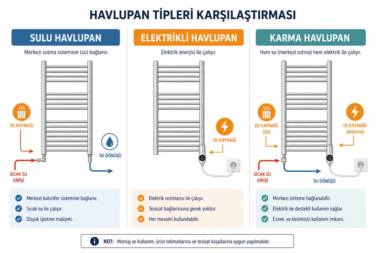 Sulu, elektrikli ve karma havlupan tiplerini bağlantı ve çalışma mantığıyla karşılaştıran Türkçe etiketli şema