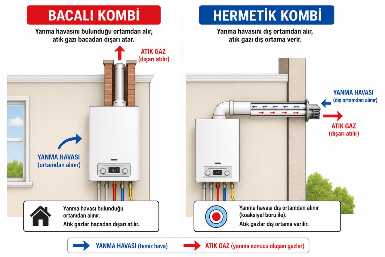 Bacalı ve hermetik kombi karşılaştırma şeması: bacalı kombi yanma havasını ortamdan alıp bacaya atar; hermetik kombi koaksiyel boruyla havayı dışarıdan alıp atık gazı dışarı verir