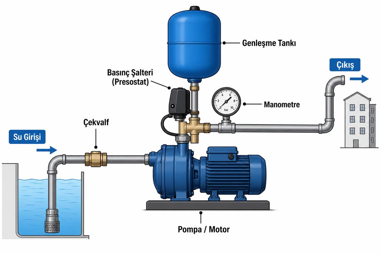 Hidrofor parçaları şeması: pompa/motor, genleşme tankı, basınç şalteri (presostat), çekvalf, manometre, su girişi ve çıkış