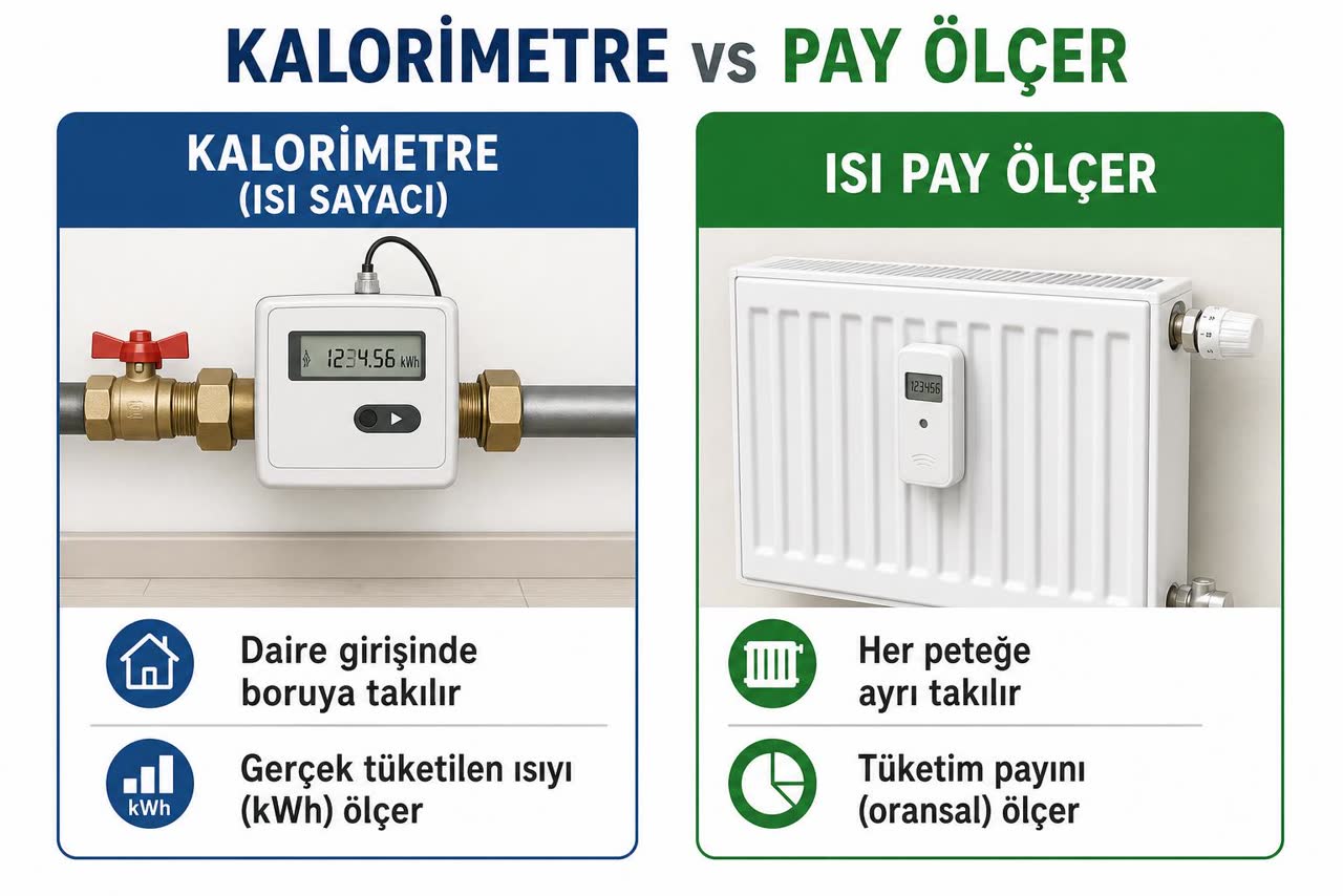 Kalorimetre ve ısı pay ölçer karşılaştırma şeması: kalorimetre daire girişinde boruya takılıp gerçek kWh ölçer, pay ölçer her peteğe takılıp oransal pay ölçer