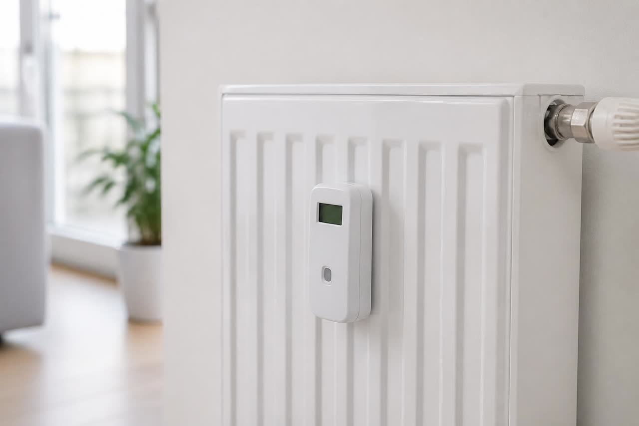 Beyaz panel radyatörün ön yüzüne monte edilmiş, küçük dijital ekranlı elektronik ısı pay ölçer cihazı