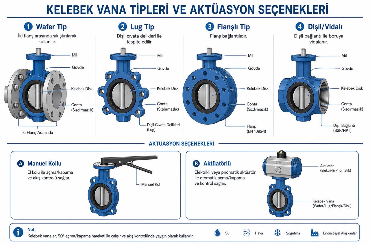 Kelebek vana tipleri şeması: wafer, lug, flanşlı ve dişli tipler ile manuel kollu ve aktüatörlü kumanda seçenekleri; mil, gövde, disk ve conta Türkçe etiketli