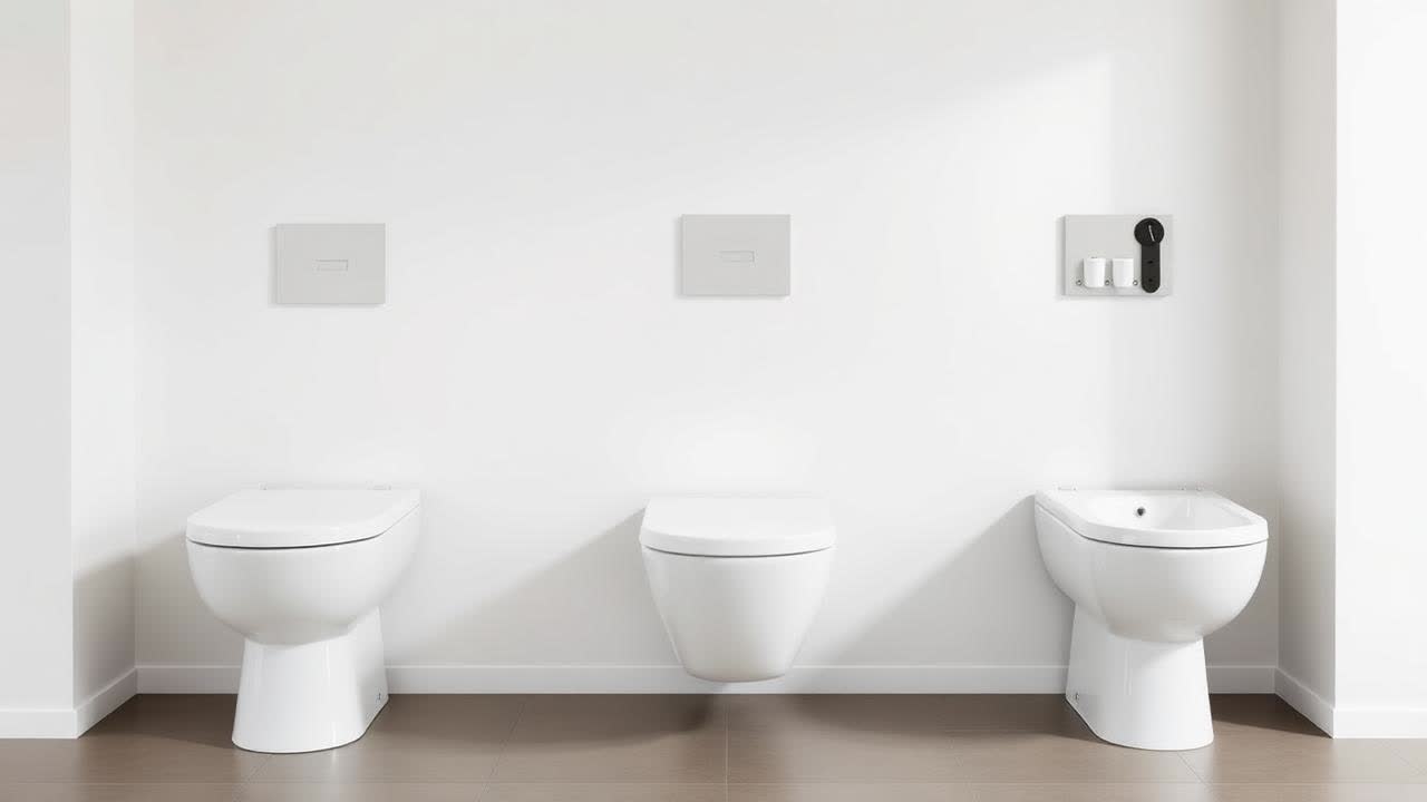 Banyo showroom'unda yan yana sergilenen üç farklı klozet çeşidi: ayaklı (alttan rezervuarlı) klozet, gömme rezervuarlı asma klozet ve duvara sıfır klozet