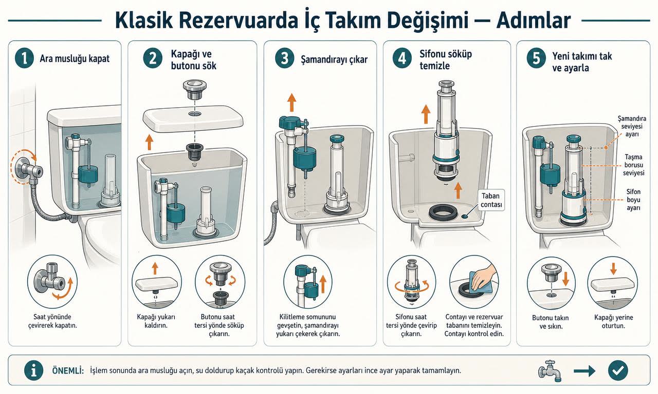 Klasik rezervuarda iç takım değişiminin 5 adımı: ara musluğu kapatma, kapak ve butonu sökme, şamandırayı çıkarma, sifonu söküp temizleme, yeni takımı takıp ayarlama