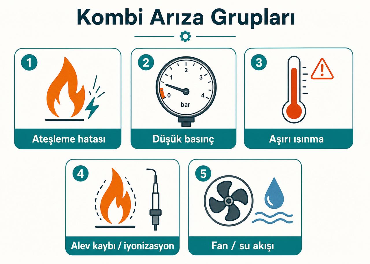 Kombi arıza gruplarını gösteren Türkçe diyagram: ateşleme hatası, düşük basınç, aşırı ısınma, alev kaybı / iyonizasyon ve fan / su akışı