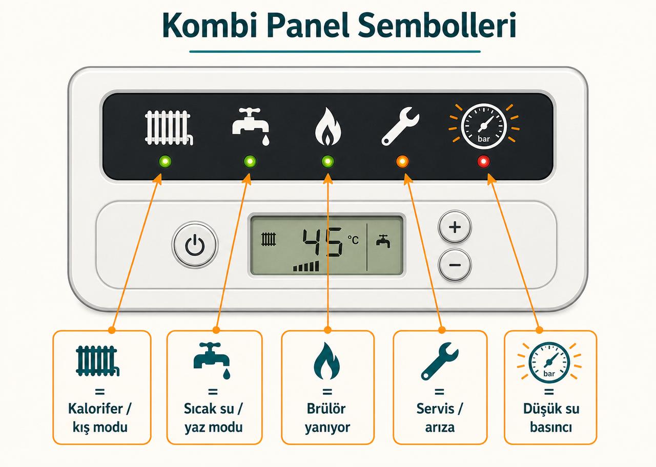 Kombi panel sembolleri: radyatör (kış/kalorifer modu), musluk (yaz/sıcak su modu), alev (brülör yanıyor), anahtar (servis/arıza) ve yanıp sönen manometre (düşük su basıncı); Türkçe etiketli diyagram