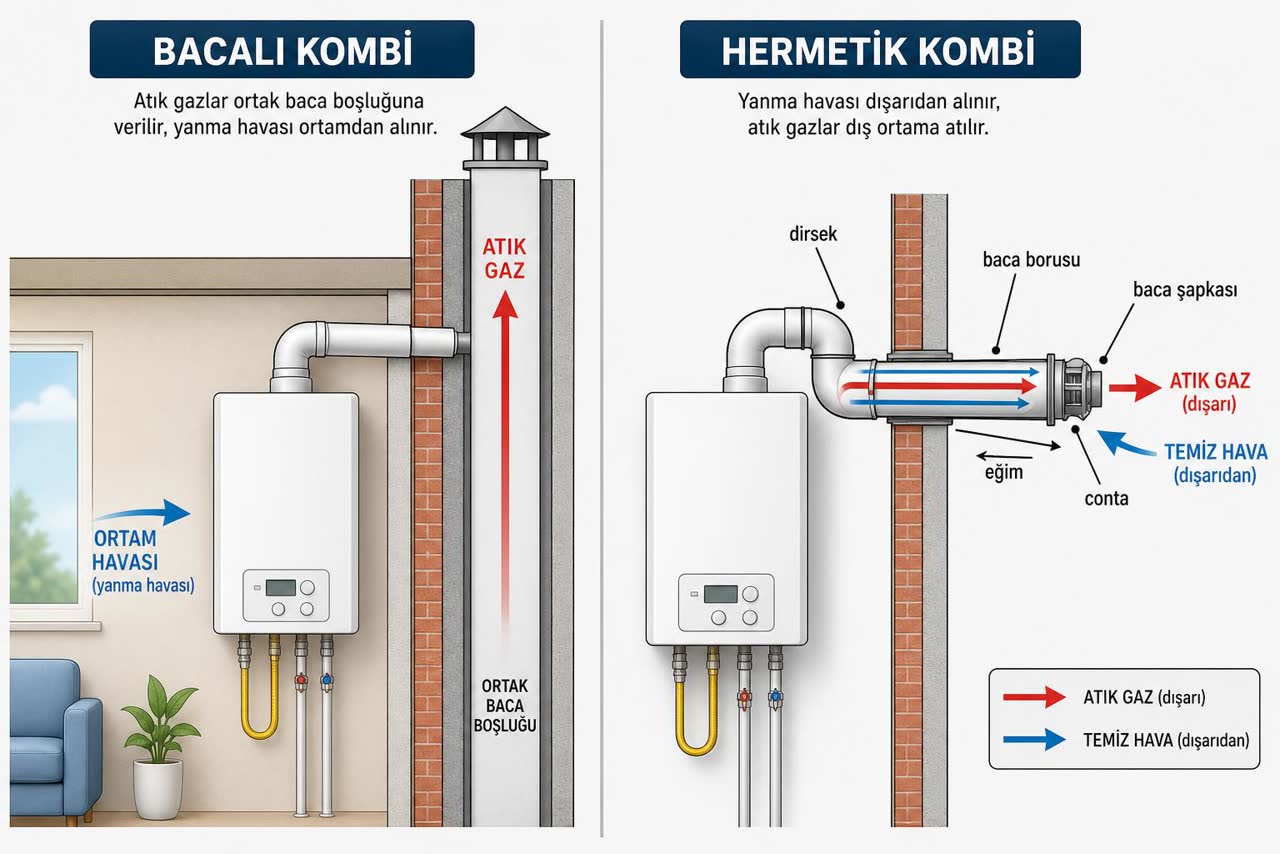 Bacalı kombi ile hermetik kombi baca sisteminin karşılaştırmalı şeması: atık gaz, temiz hava, baca borusu, dirsek, conta, şapka ve eğim