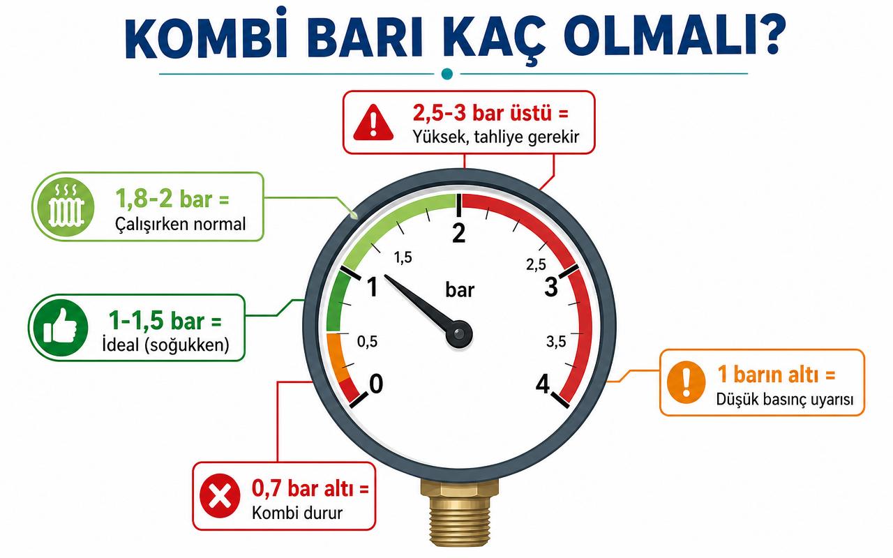 Kombi barı ideal değerleri manometre üzerinde: 0,7 bar altı kombi durur, 1 barın altı düşük basınç uyarısı, 1-1,5 bar ideal, 1,8-2 bar çalışırken normal, 2,5-3 bar üstü yüksek; Türkçe diyagram