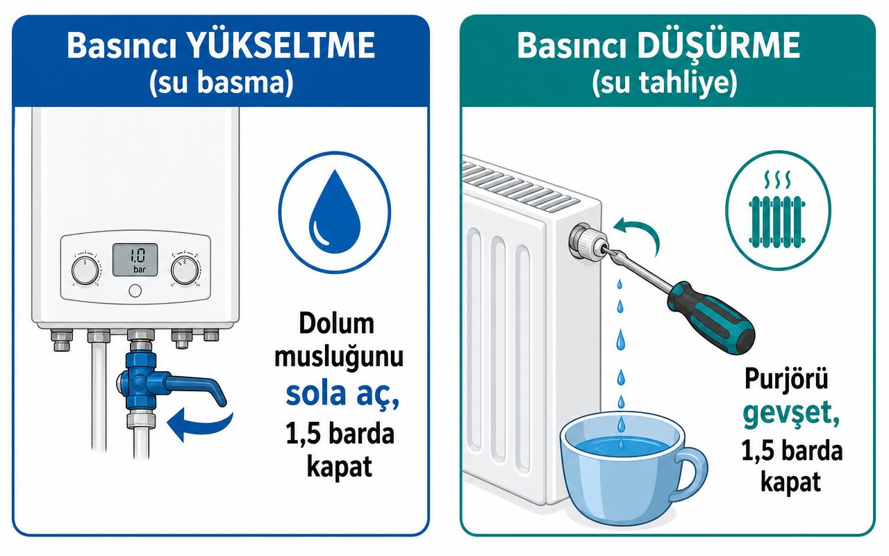 Kombi basıncını yükseltme ve düşürme: solda dolum musluğunu sola açıp 1,5 barda kapatma, sağda radyatör purjörünü gevşetip su tahliye etme; Türkçe diyagram