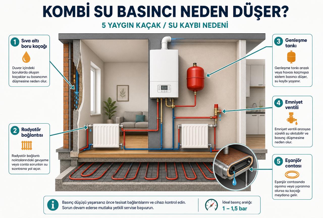 Kombi su basıncının düşme nedenleri: sıva altı boru kaçağı, radyatör bağlantısı, genleşme tankı, emniyet ventili ve eşanjör contası; apartman ısıtma sistemi kesit diyagramı