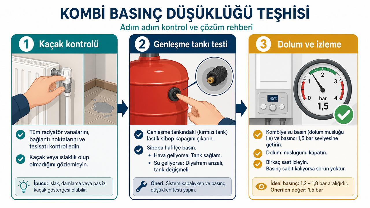 Kombi basınç düşüklüğü teşhisi adımları: kaçak kontrolü, genleşme tankı testi ve dolum-izleme; üç adımlı Türkçe diyagram