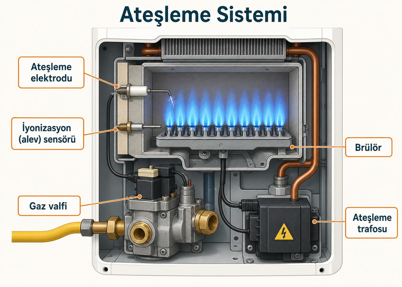 Kombi ateşleme sistemi kesit diyagramı: ateşleme elektrodu, iyonizasyon (alev) sensörü, gaz valfi, brülör ve ateşleme trafosu Türkçe etiketlerle