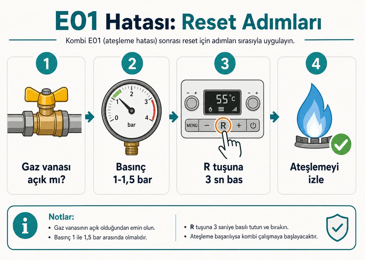 E01 hatası reset adımlarını gösteren Türkçe diyagram: gaz vanası kontrolü, basınç 1-1,5 bar, R tuşuna 3 saniye basma ve ateşlemeyi izleme