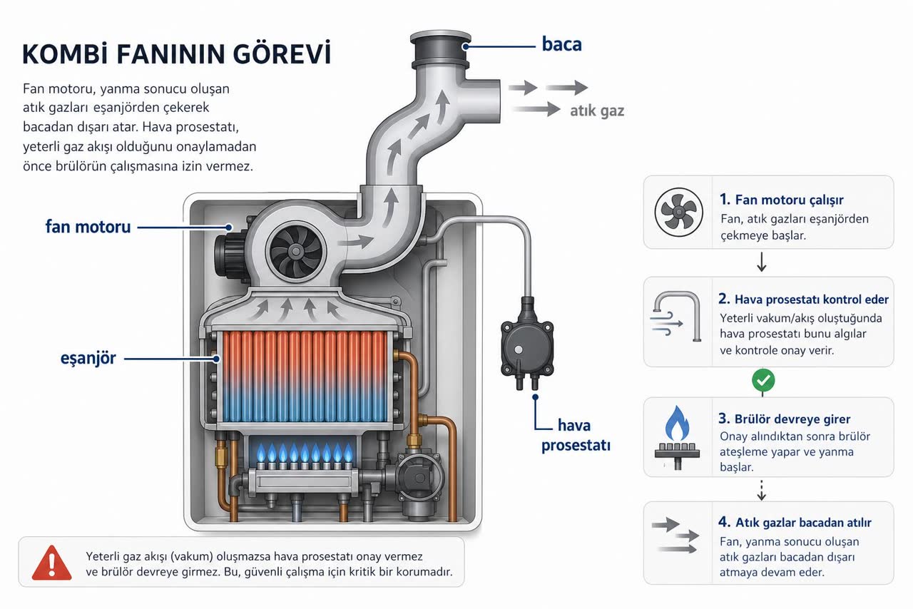 Kombi fan motorunun görevi şeması: fan, eşanjör, baca, atık gaz ve hava prosestatı ilişkisi Türkçe etiketli