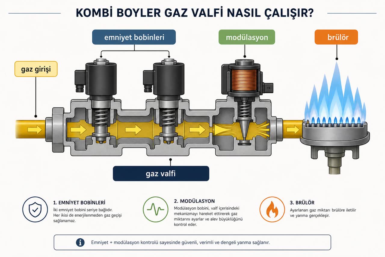 Kombi gaz valfi çalışma şeması: gaz girişi, emniyet bobinleri, modülasyon ve brülör adımları Türkçe etiketli