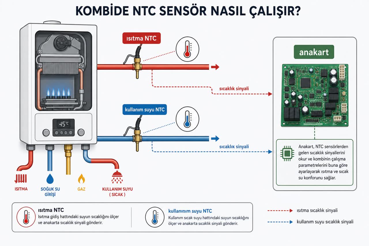 Kombi NTC sensör çalışma şeması: ısıtma NTC ve kullanım suyu NTC, sıcaklık sinyali ve anakart ilişkisi Türkçe etiketli