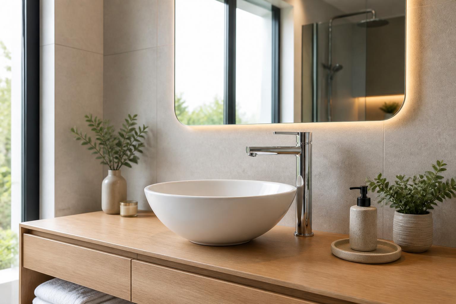 Modern banyoda ahşap tezgah üzerine yerleştirilmiş beyaz çanak (tezgah üstü) lavabo ve uzun krom batarya