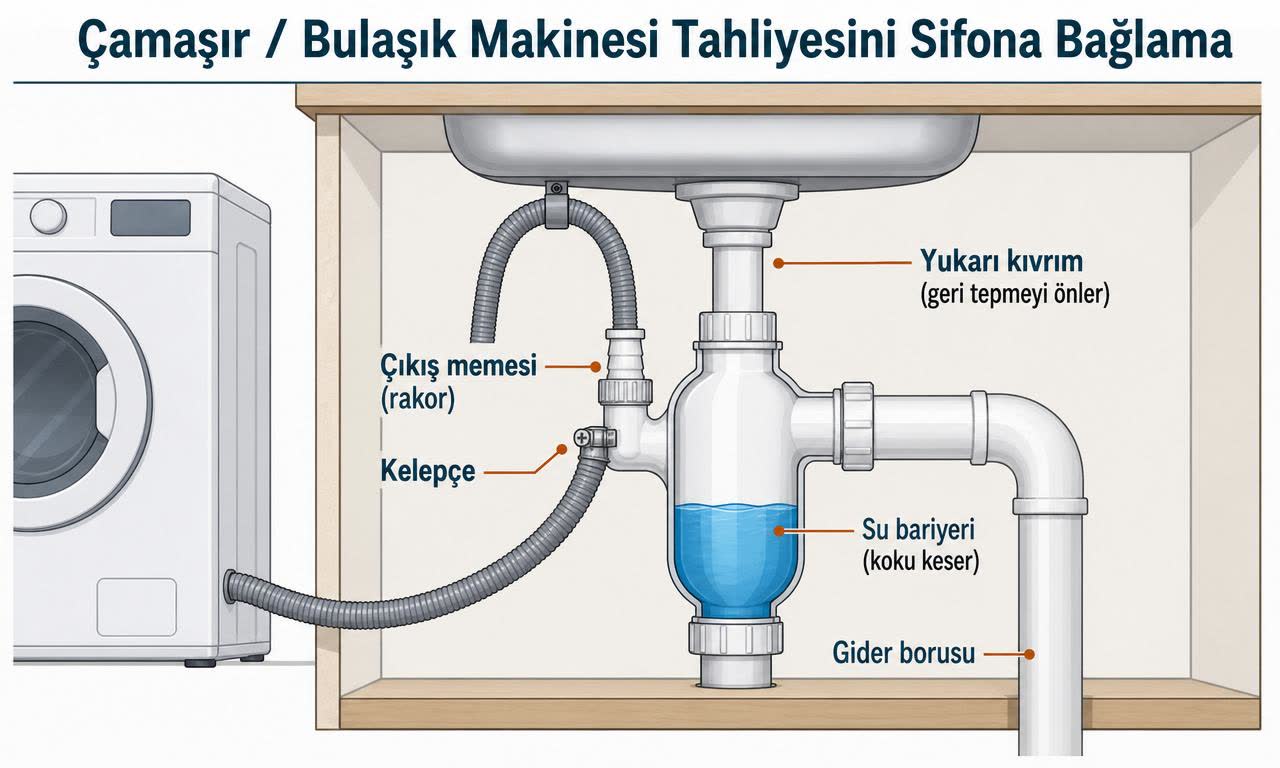 Çamaşır/bulaşık makinesi tahliye hortumunun sifonun çıkış memesine (rakor) kelepçeyle bağlanması ve yukarı kıvrım yapılması şeması